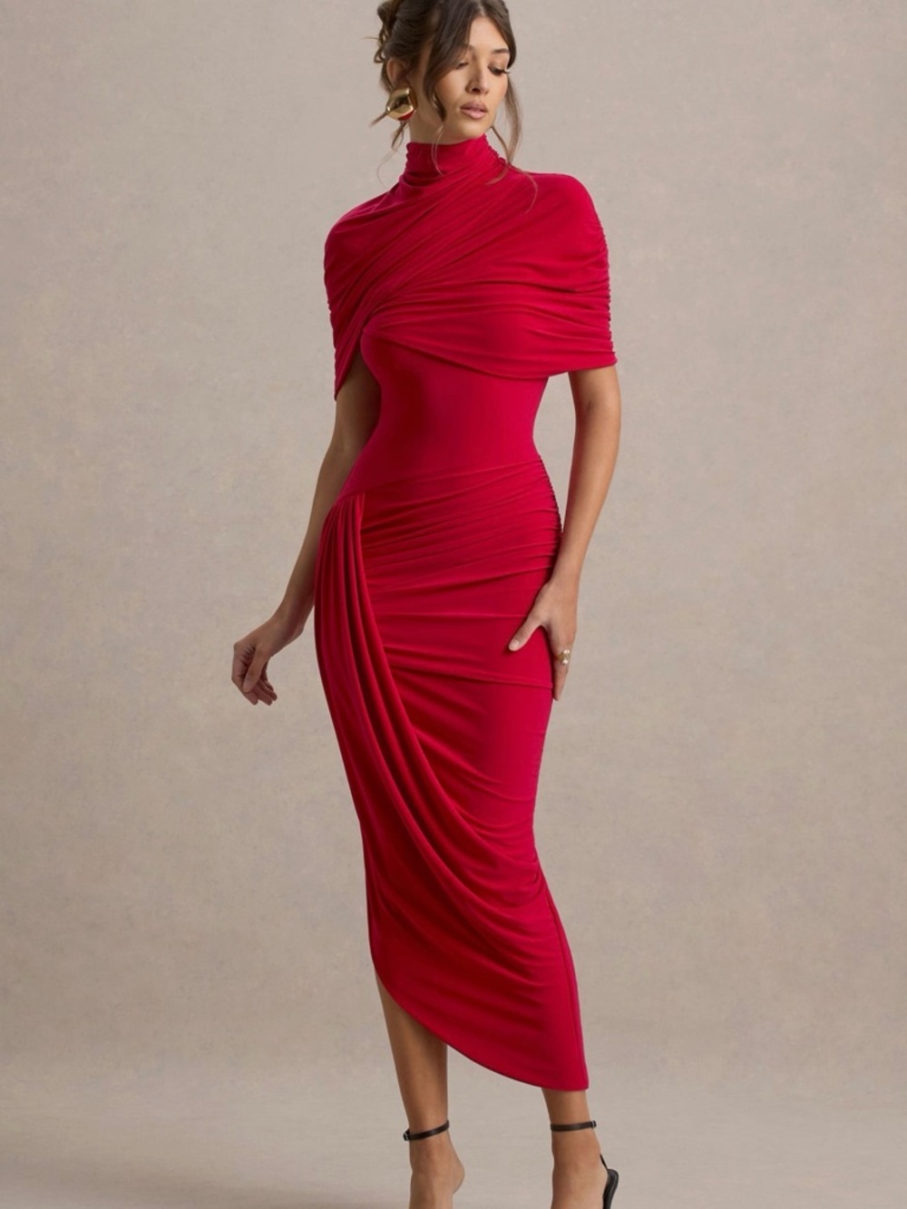 Club L London Enchant Red Asymmetric Twisted Cape Midi Dress (Red)
